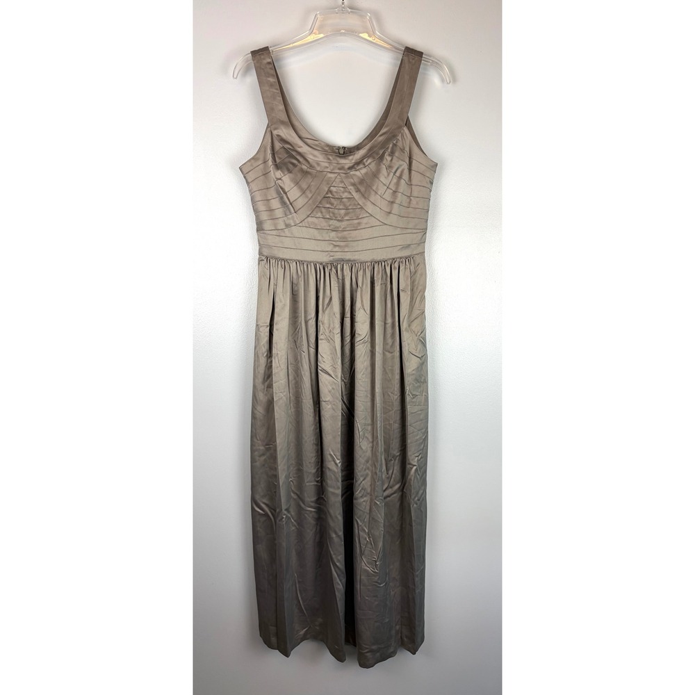 BCBG Silver Gray Satin Pintuck Midi Dress Size 10 Formal Pleated Metallic Gown